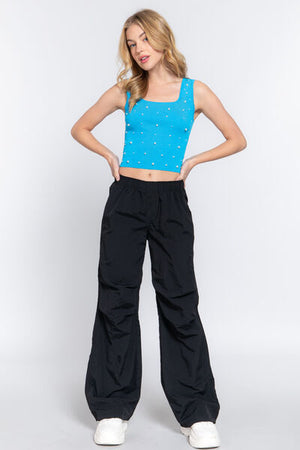 ACTIVE BASIC Pearl Detail Square Neck Cropped Tank - SaltTree