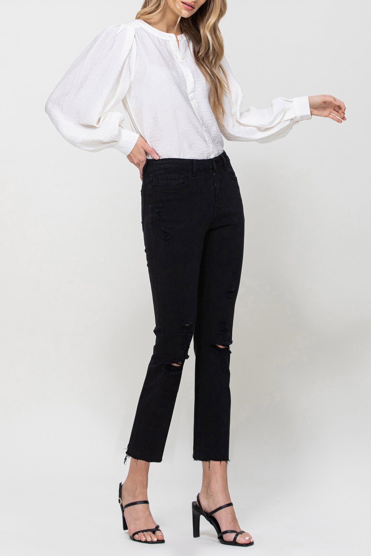 Flying Monkey - Lani Medium- High Rise Clean Cut & Fray Hem Detail Crop Straight Jeans - Y3118BK - SaltTree