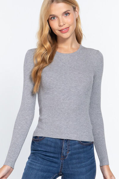 ACTIVE BASIC Full Size Ribbed Round Neck Long Sleeve Knit Top - SaltTree