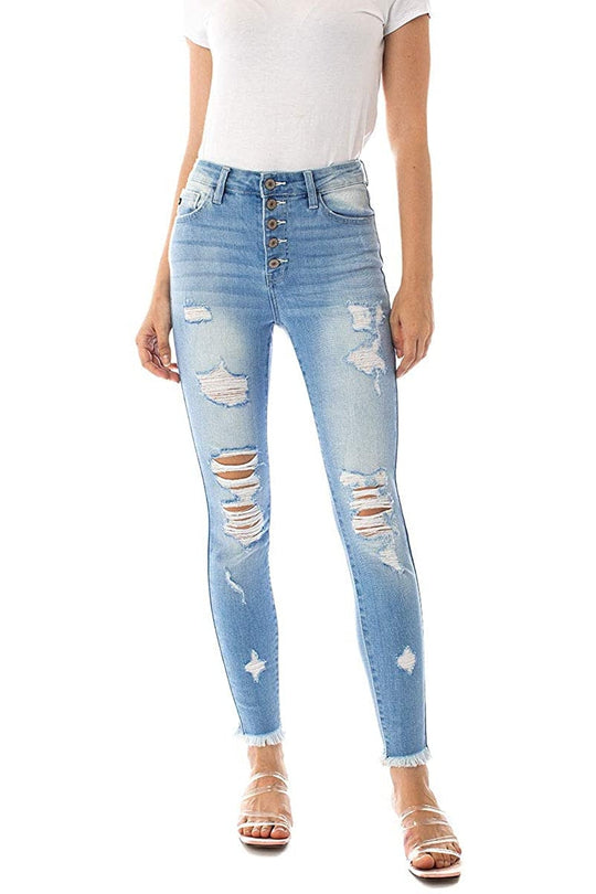 Kancan - Women's High Rise Button Fly Distressed Super Skinny Jeans - kc7310 ST