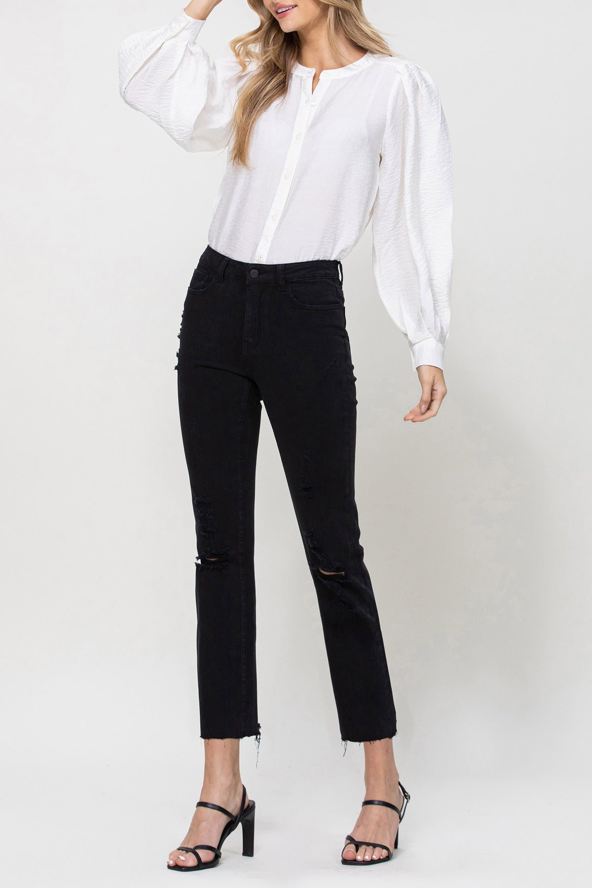 Flying Monkey - Lani Medium- High Rise Clean Cut & Fray Hem Detail Crop Straight Jeans - Y3118BK - SaltTree