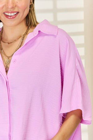 Zenana Texture Button Up Short Sleeve High-Low Shirt