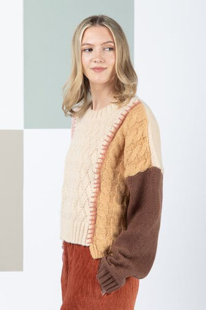 VERY J Color Block Cable Knit Long Sleeve Sweater - SaltTree