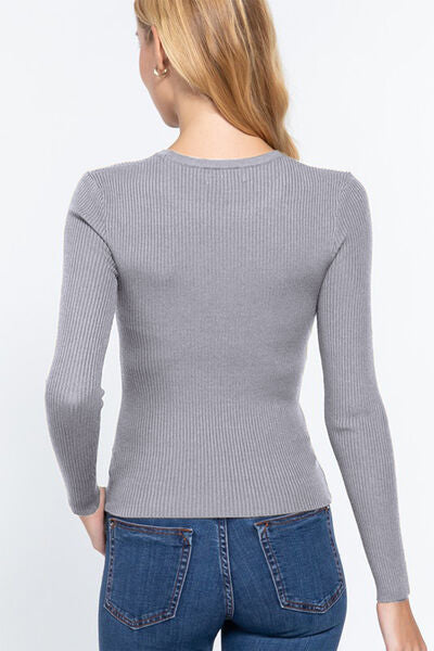 ACTIVE BASIC Full Size Ribbed Round Neck Long Sleeve Knit Top - SaltTree
