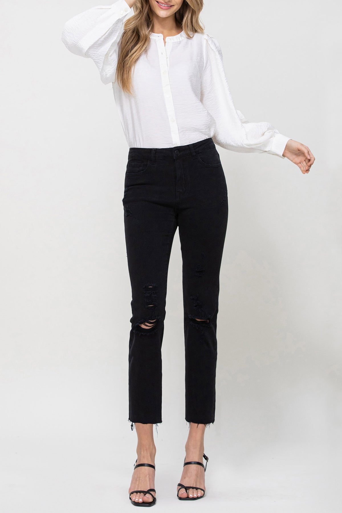 Flying Monkey - Lani Medium- High Rise Clean Cut & Fray Hem Detail Crop Straight Jeans - Y3118BK - SaltTree