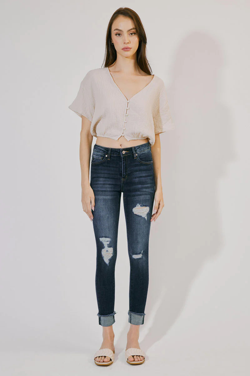 Kancan - Women's High Rise Distressed Cuffed Ankle Skinny Jeans - KC7299 - SaltTree