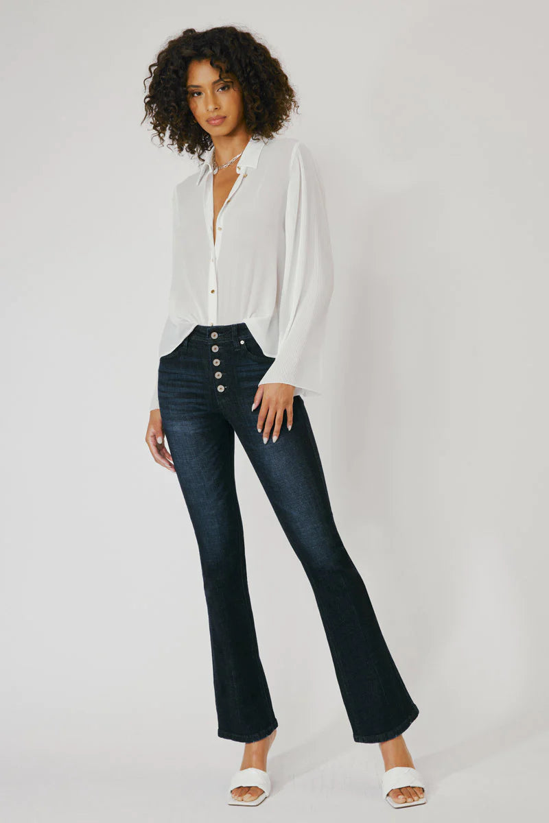 Kancan Women s Petite High Rise Button Fly Flare Jeans KC7348