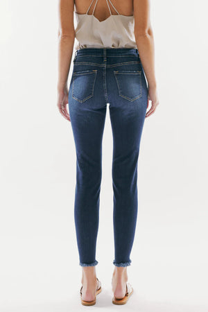 Kancan Women's Mid Rise Distressed Frayed Hem Ankle Skinny Jeans - KC8555