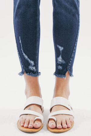 Kancan - Women's Mid Rise Distressed Frayed Hem Ankle Skinny Jeans - KC8555