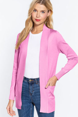 ACTIVE BASIC Ribbed Trim Open Front Cardigan - SaltTree