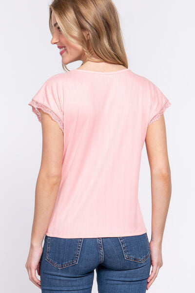 ACTIVE BASIC Lace Trim V-Neck Short Sleeve Ribbed Top - SaltTree