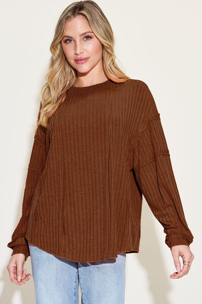 Basic Bae Full Size Ribbed Round Neck Long Sleeve T-Shirt - SaltTree