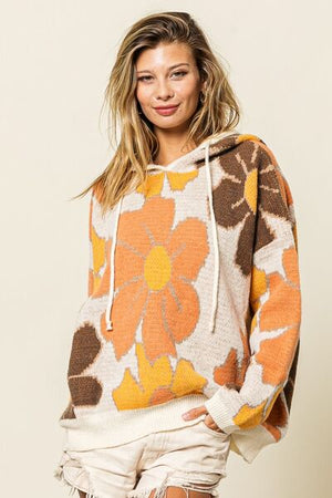 BiBi Flower Pattern Drawstring Hooded Sweater - SaltTree