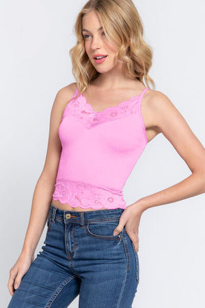ACTIVE BASIC V-Neck Lace Detail Ribbed Seamless Cami - SaltTree