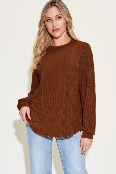 Basic Bae Full Size Ribbed Round Neck Long Sleeve T-Shirt - SaltTree