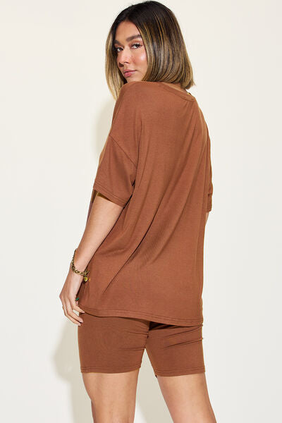 Basic Bae Full Size V-Neck Drop Shoulder Short Sleeve T-Shirt and Shorts Set - SaltTree