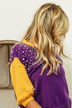BiBi Color Block Pearl Detail Round Neck Sweater - SaltTree