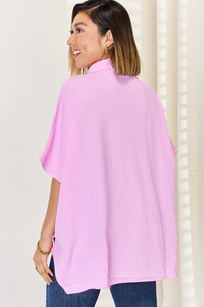 Zenana Texture Button Up Short Sleeve High-Low Shirt - SaltTree