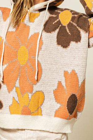 BiBi Flower Pattern Drawstring Hooded Sweater - SaltTree