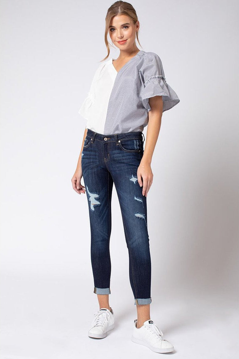 Kan Can Women's Low Rise Ankle Skinny Jeans - Distressed - KC6050-SaltTree