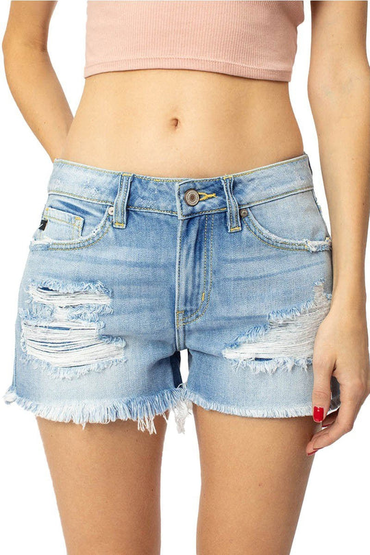 Kancan - Women's Mid Rise Distressed Denim Shorts - KC8377
