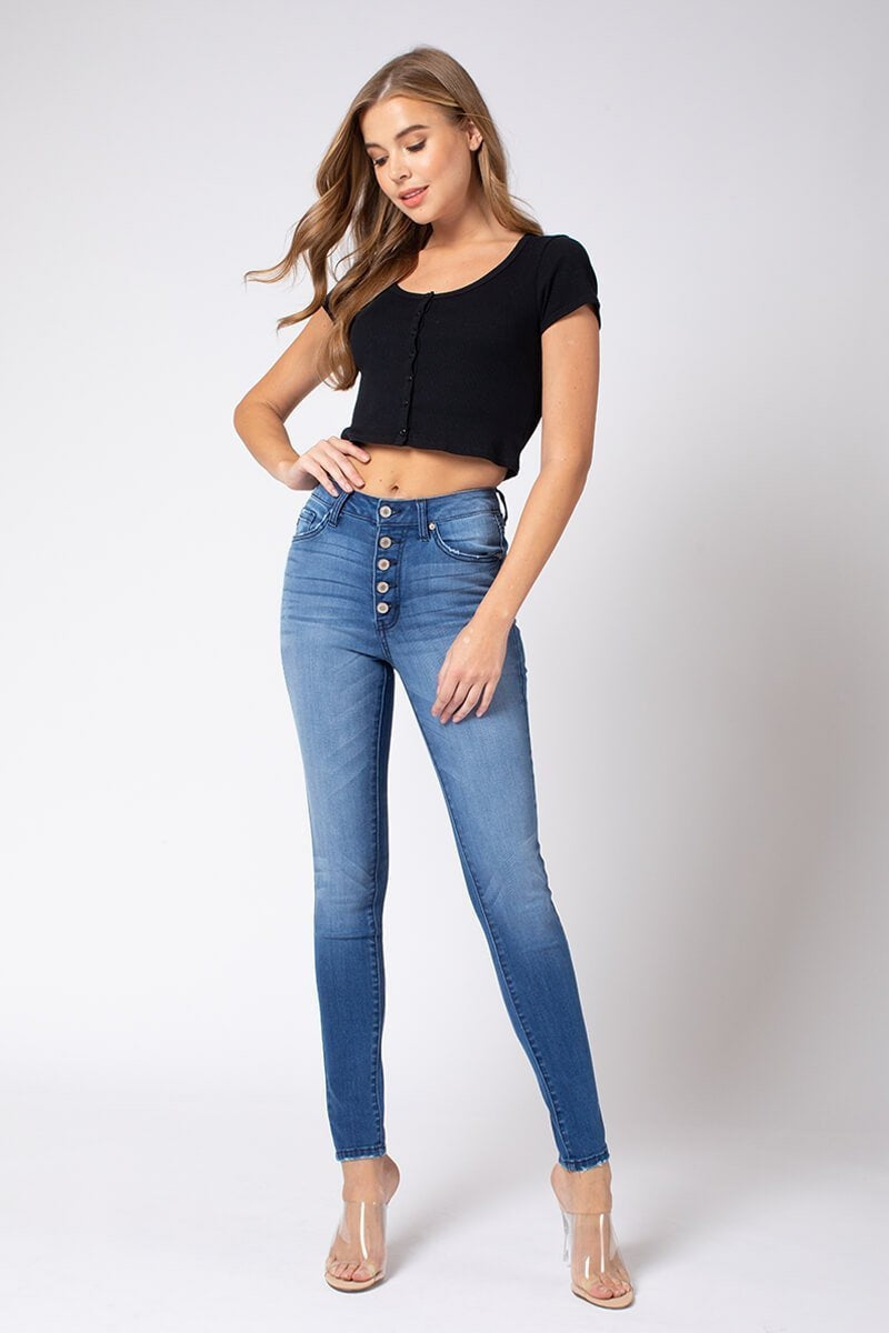 High rise exposed button hot sale jeans